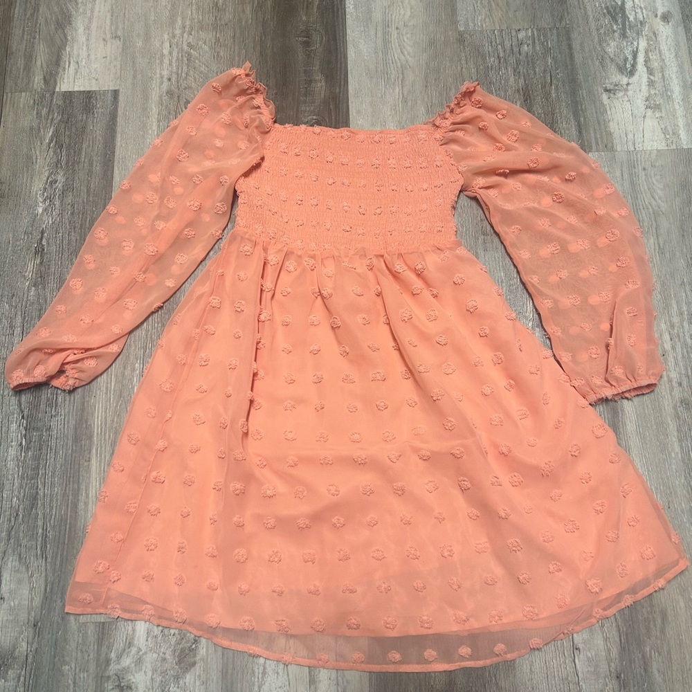 Long Sleeve Babydoll Dress Light Orange/pink With Shear Sleeves Size Medium